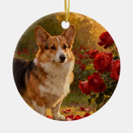 Corgi in de Rozen V Keramisch Ornament (Voorkant)