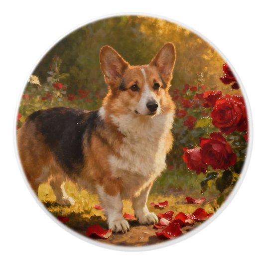 Corgi in de Rozen V Keramische Knop (Voorkant)