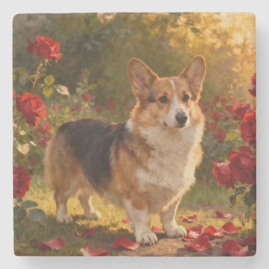 Corgi in de Rozen V Stenen Onderzetter (Voorkant)