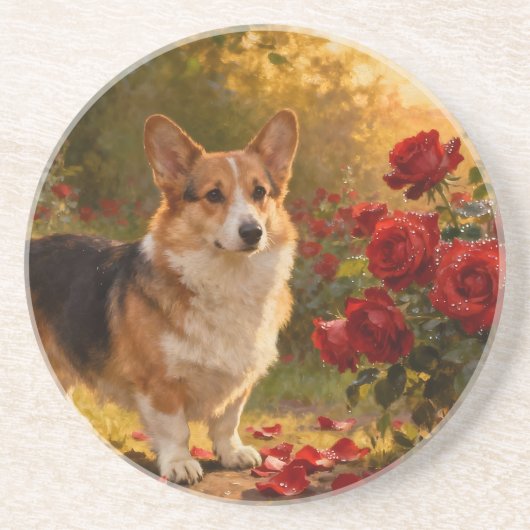 Corgi in de Rozen V Zandsteen Onderzetter (Voorkant)