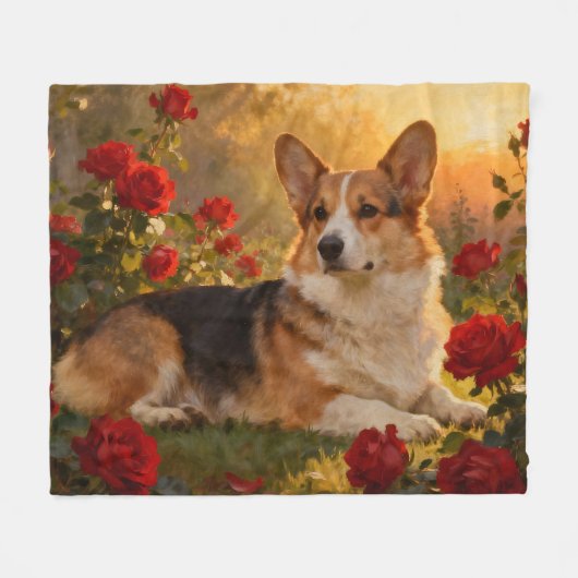 Corgi in de Rozen VI Fleece Deken (Voorkant (Horizontaal))