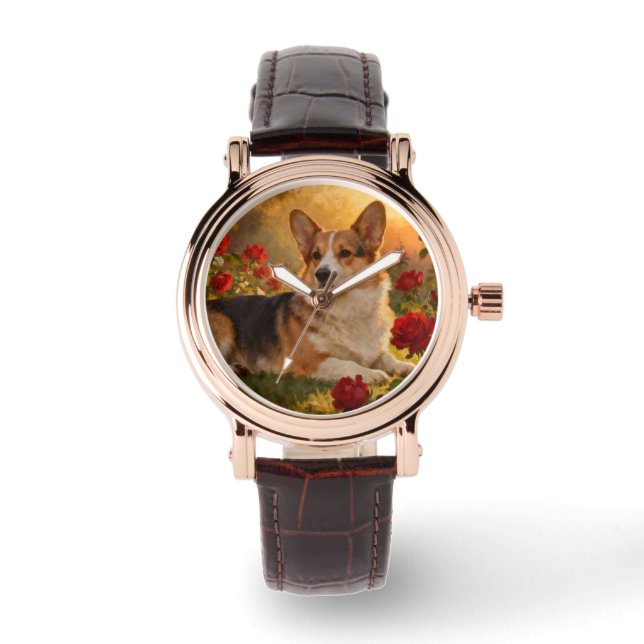 Corgi in de Rozen VI Horloge (Voorkant)