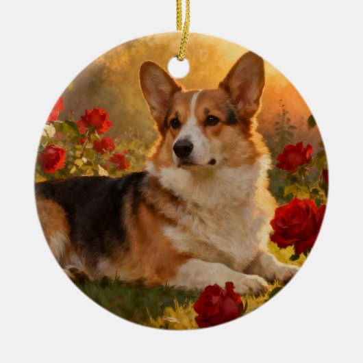 Corgi in de Rozen VI Keramisch Ornament (Voorkant)