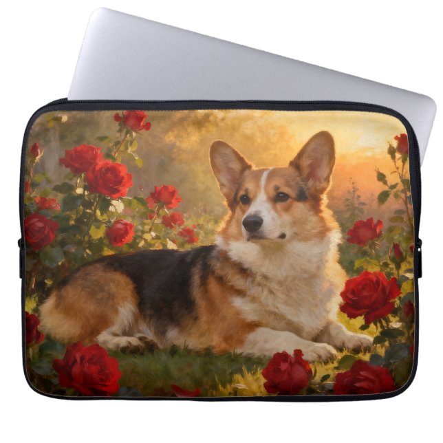 Corgi in de Rozen VI Laptop Sleeve (Voorkant)
