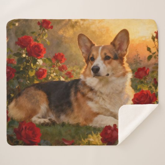 Corgi in de Rozen VI Sherpa Deken (Voorkant (horizontaal))