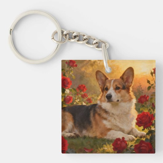 Corgi in de Rozen VI Sleutelhanger (voorkant)