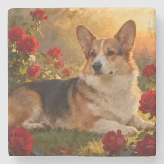 Corgi in de Rozen VI Stenen Onderzetter (Voorkant)