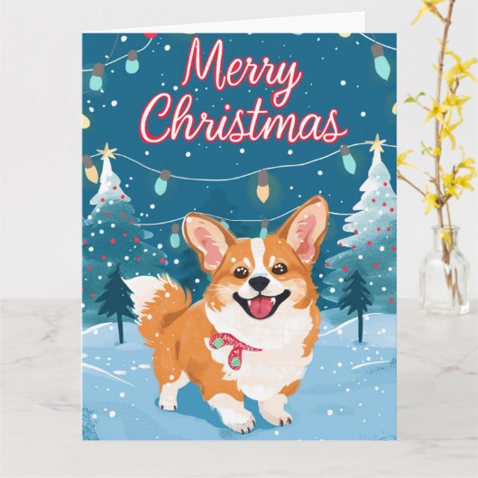 Corgi in de sneeuw Kerstmis Kaart (Gele Bloem)