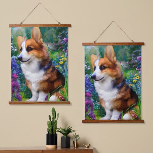 Corgi in de tuin hangend wandkleed (Asymmetrisch)