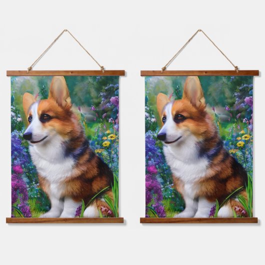 Corgi in de tuin hangend wandkleed (Dubbel)