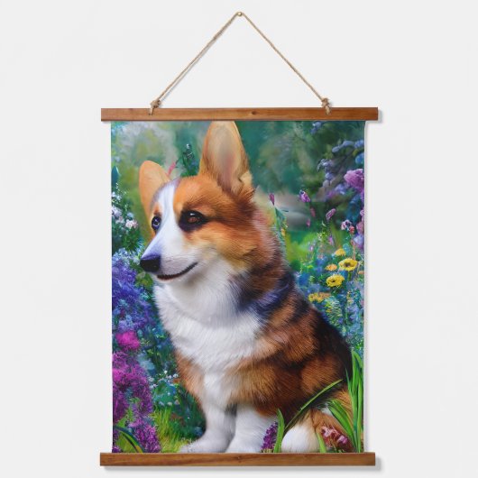 Corgi in de tuin hangend wandkleed (Voorkant 2)