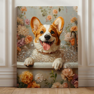 Corgi in een bubbelbad – Whimsisch bloemendogbad Canvas Afdruk