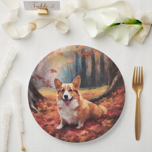 Corgi in herfstbladeren Herfst Inspire Papieren Bordje (Huwelijk)