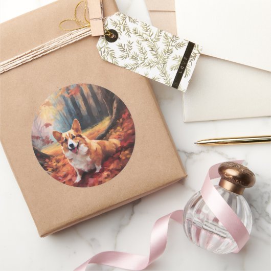 Corgi in herfstbladeren Herfst Inspire Ronde Sticker (Geschenken)