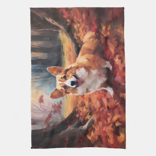 Corgi in herfstbladeren Herfst Inspire Theedoek (Verticaal)