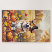 Corgi in herfstbladeren Thanksgiving kunst Legpuzzel (Horizontaal)