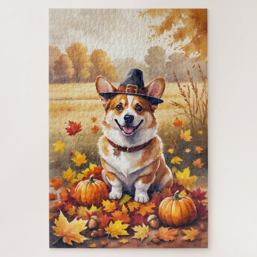 Corgi in herfstbladeren Thanksgiving kunst Legpuzzel (Verticaal)