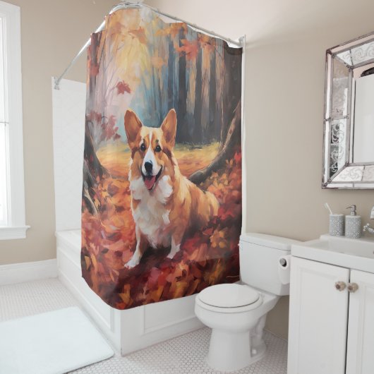 Corgi in herfstbladeren val inspireert douchegordijn (In situ)