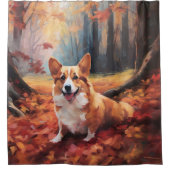 Corgi in herfstbladeren val inspireert douchegordijn (Voorkant)