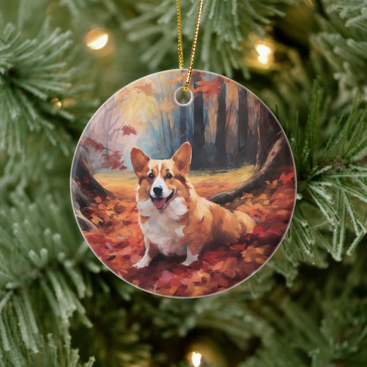 Corgi in herfstbladeren val inspireert keramisch ornament (Boom)