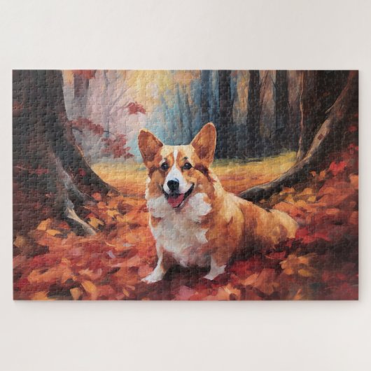 Corgi in herfstbladeren val inspireert legpuzzel (Horizontaal)