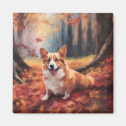 Corgi in herfstbladeren val inspireert magneet (Voorkant)