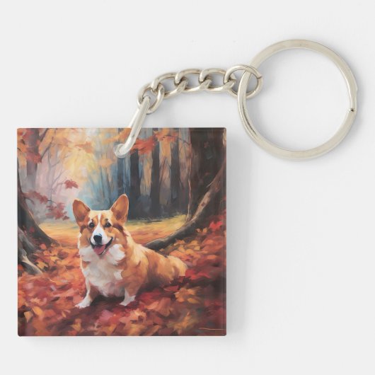 Corgi in herfstbladeren val inspireert sleutelhanger (Achterkant)