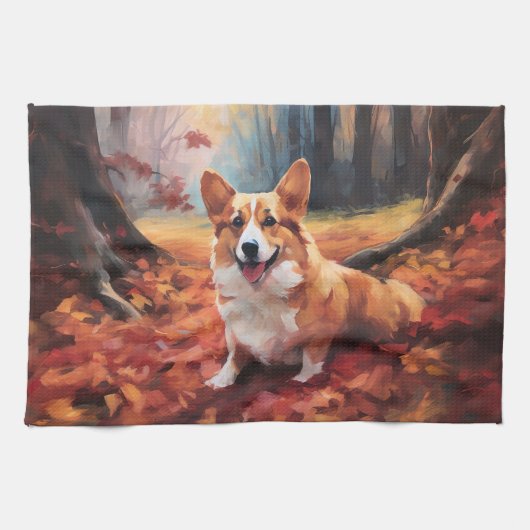 Corgi in herfstbladeren val inspireert theedoek (Horizontaal)