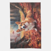 Corgi in herfstbladeren val inspireert theedoek (Verticaal)