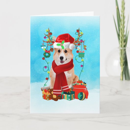 Corgi in sneeuw met kerstcadeaus kaart (Voorkant)