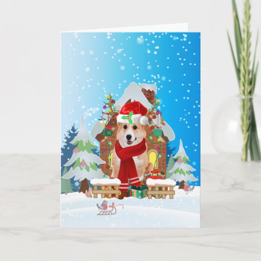 Corgi in sneeuw met kerstcadeaus kaart (Voorkant)