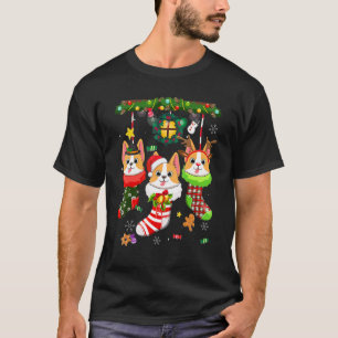 Corgi in sokken Kerstman hoed Kerstfeest licht hon T-shirt
