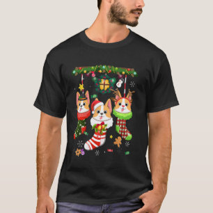 Corgi in sokken Kerstman hoed Kerstfeest licht hon T-shirt
