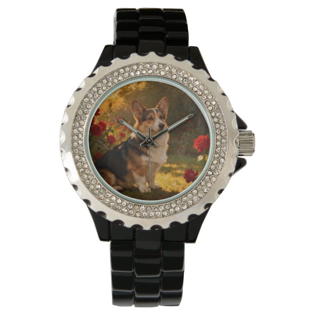 Corgi in the Roses I Horloge (Voorkant)