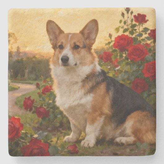 Corgi in the Roses II Stenen Onderzetter (Voorkant)
