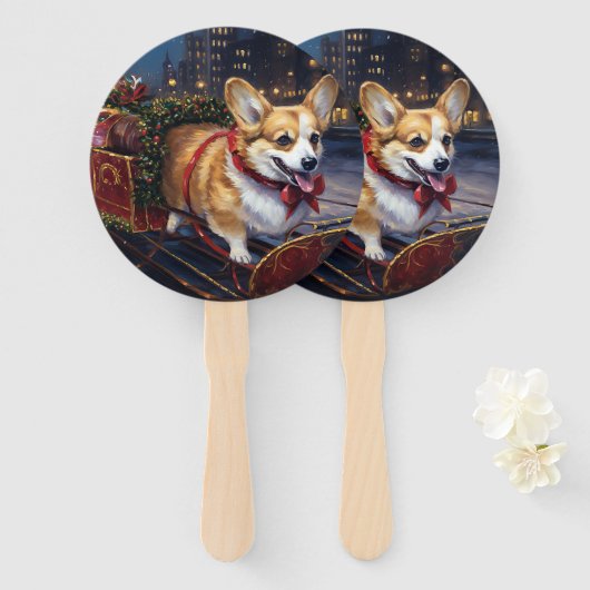 Corgi Kerst Feestelijke Periode Handwaaier (Voorkant en achterkant)