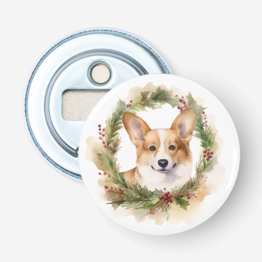 Corgi Kerst Krans Festieve Pup Button Flesopener (Voorkant)