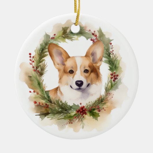 Corgi Kerst Krans Festieve Pup Keramisch Ornament (Voorkant)