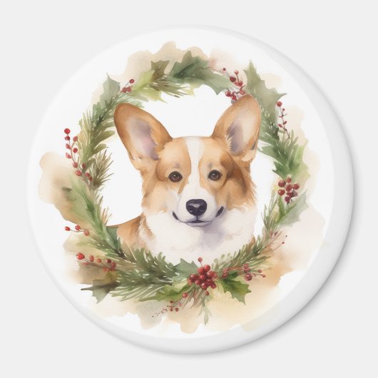 Corgi Kerst Krans Festieve Pup Magneet (Voorkant)