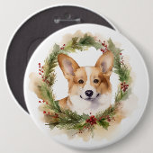 Corgi Kerst Krans Festieve Pup Ronde Button 6,0 Cm (Voorkant /achterkant)