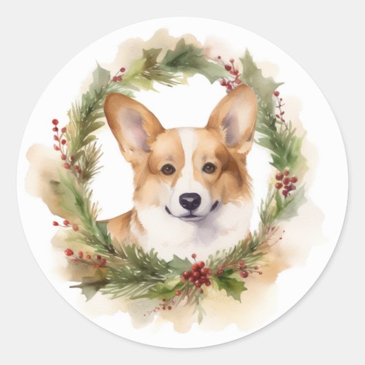 Corgi Kerst Krans Festieve Pup Ronde Sticker (Voorkant)