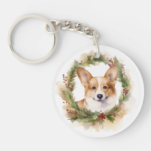 Corgi Kerst Krans Festieve Pup Sleutelhanger (Voorkant)