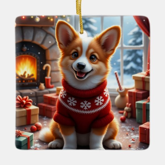 Corgi Kerst Kunst Keramisch Ornament (Voorkant)