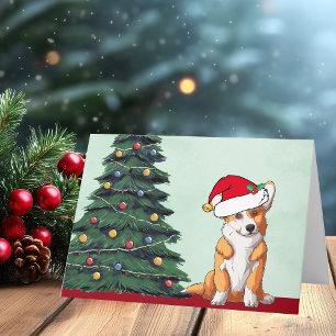 Corgi Kerstboom Hond met Staart Kerstman Hoed Cute Feestdagen Kaart