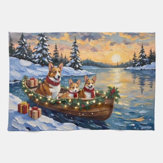 Corgi Kerstboot Vakantie Theedoek (Horizontaal)