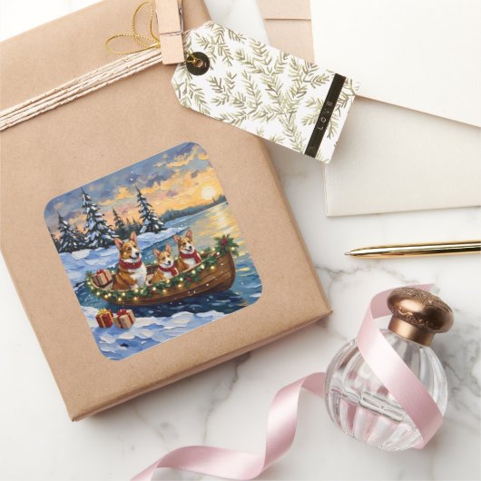 Corgi Kerstboot Vakantie Vierkante Sticker (Geschenken)