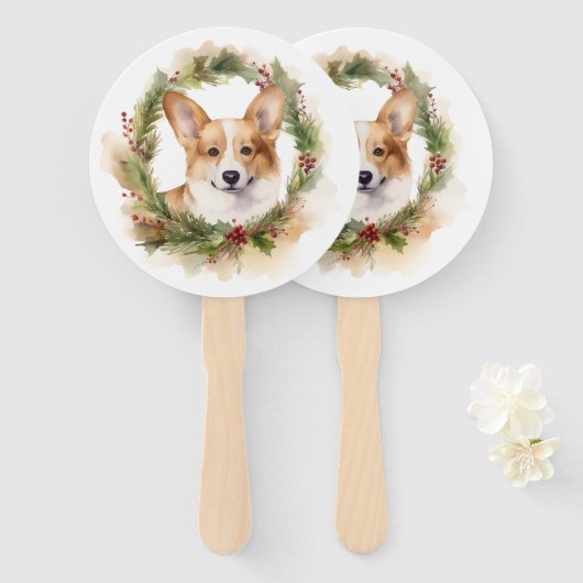 Corgi Kerstkrans feestelijke pup Handwaaier (Voorkant en achterkant)