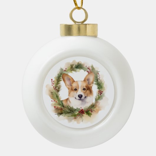 Corgi Kerstkrans feestelijke pup Keramische Bal Ornament (Voorkant)