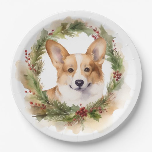Corgi Kerstkrans feestelijke pup Papieren Bordje (Voorkant)