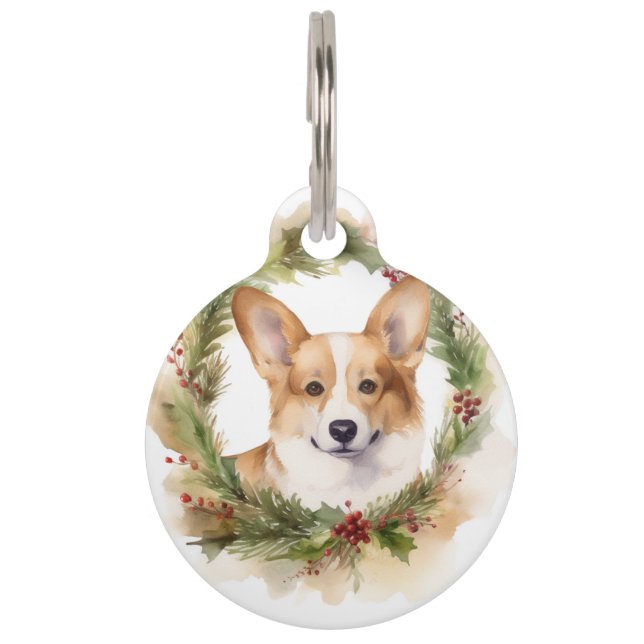 Corgi Kerstkrans Festieve Pup Huisdierpenning (Voorkant)